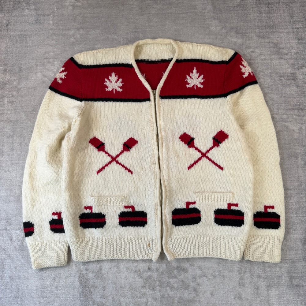 Vintage Handknit Sweater  Mens XL White Curling Canada Cowichan Wool Cardigan